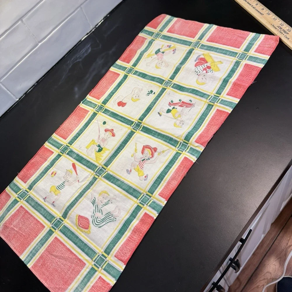 Vintage 1940's Hadson Kitchen Tea Little Boys Fishing And Playing Yellow Kitschy